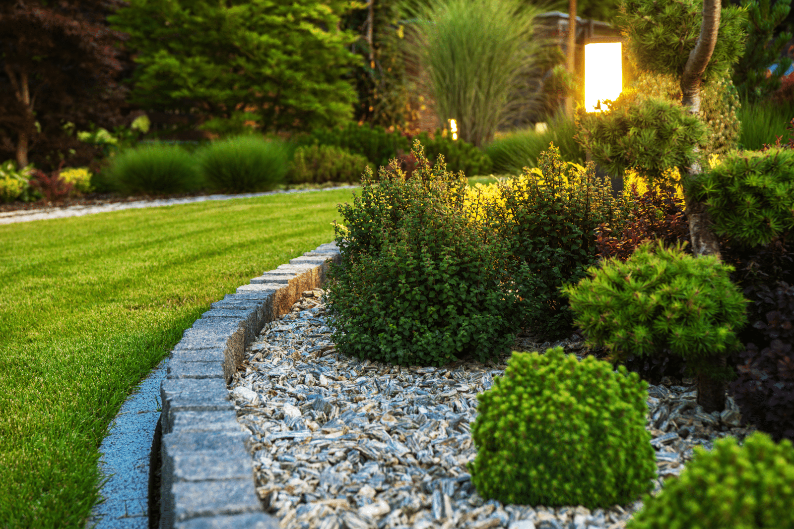 A serene landscape featuring lush green plants and strategically placed decorative stones creating a harmonious outdoor environment.